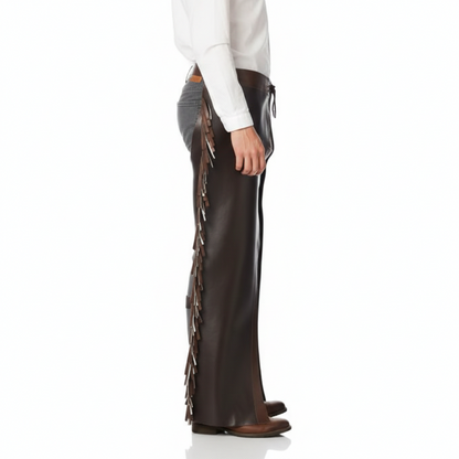 Close-up of the adjustable grommet lace-up front on a pair of brown leather biker chaps.