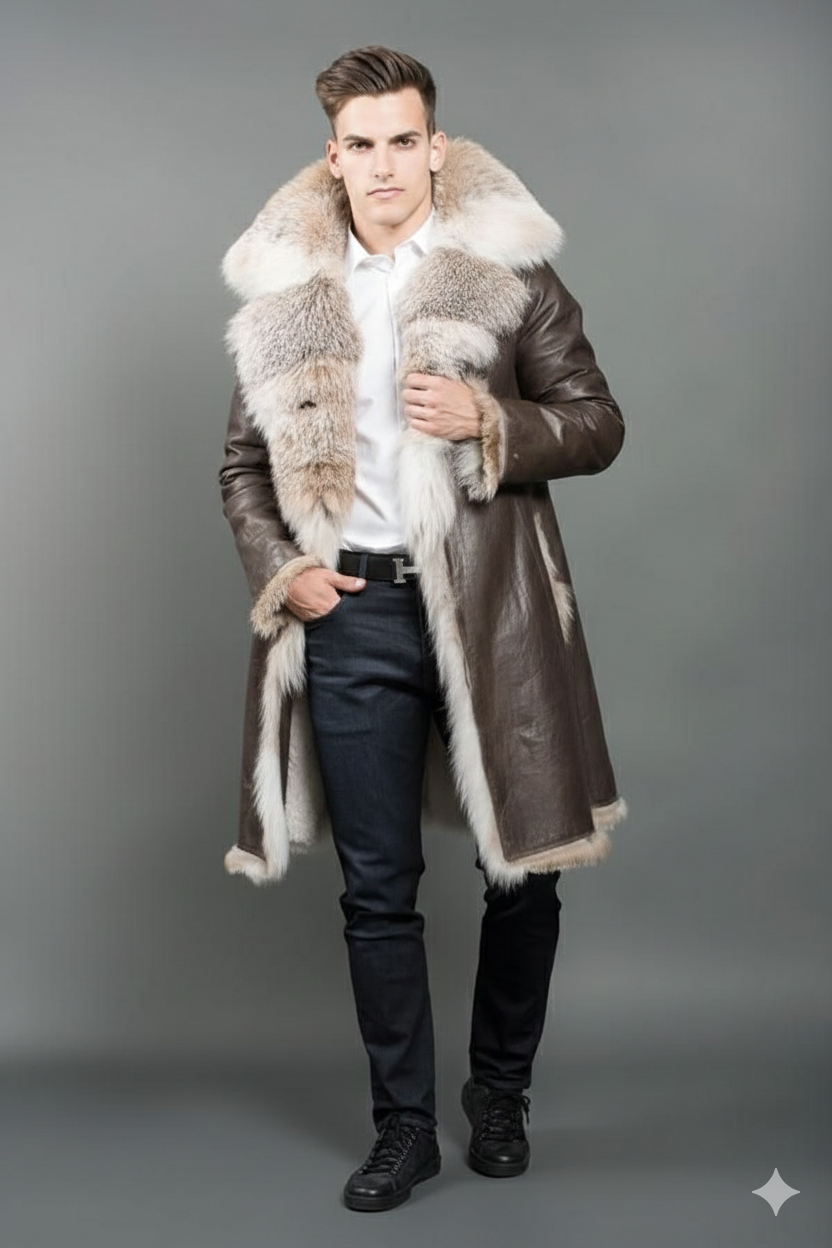 Longline brown leather winter overcoat for men featuring a plush fur-lined interior, hem, and sleeve cuffs.