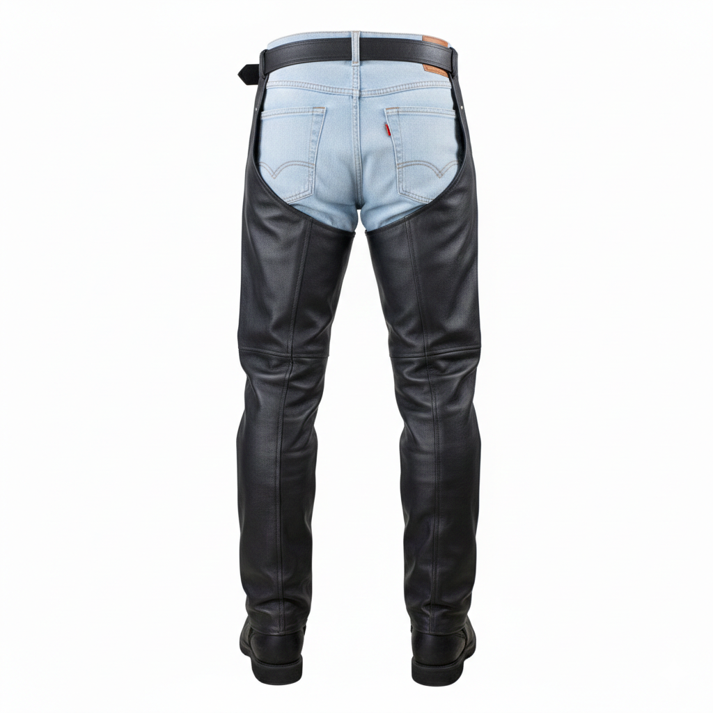 Close-up of the tactical side-entry zipper and adjustable buckle on black grain leather riding chaps.