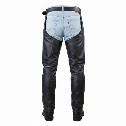 Close-up of the tactical side-entry zipper and adjustable buckle on black grain leather riding chaps.