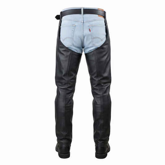 Close-up of the tactical side-entry zipper and adjustable buckle on black grain leather riding chaps.