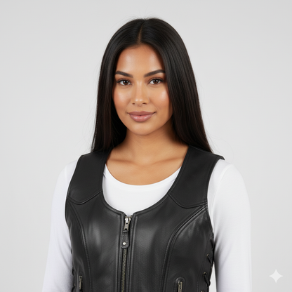 Close-up of the leather lacing detail on the side of the women's zip-up black leather vest.