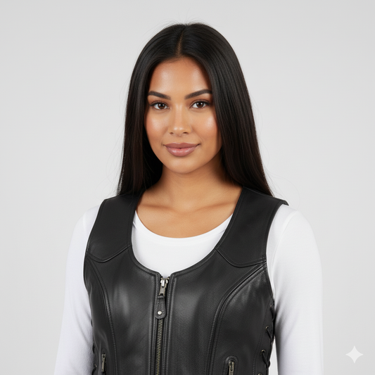 Close-up of the leather lacing detail on the side of the women's zip-up black leather vest.