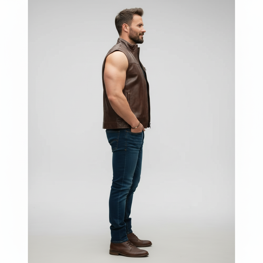 Close-up of the smooth, rich dark brown leather texture and the silver metal hardware on the vest.