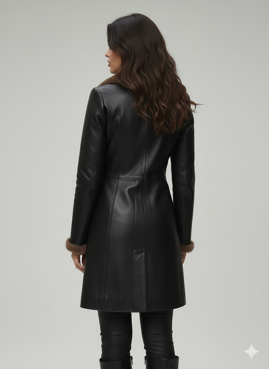 Close-up of the chocolate brown  fur lining and smooth matte black  leather texture of a luxury winter jacket.