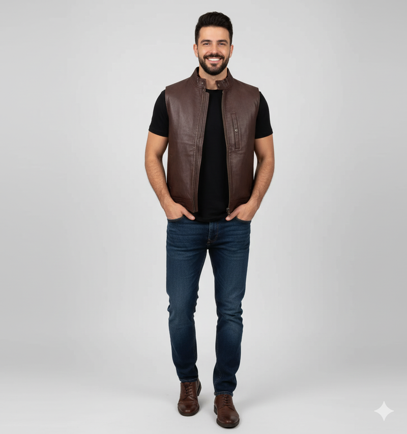 Men's brown leather military vest with double-breasted button front and a high mandarin collar.