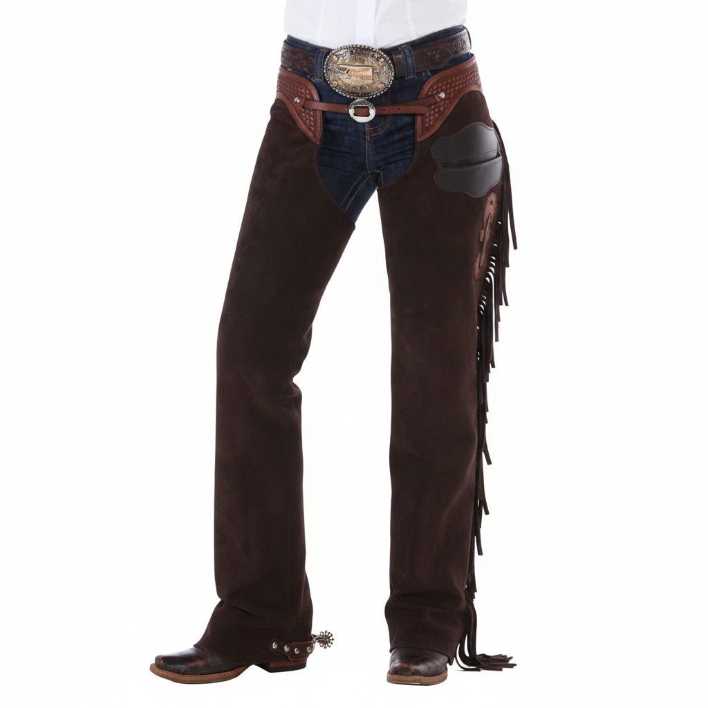Women's mahogany suede western chaps with a hand-tooled walnut leather yoke, side pocket, and long fringe.