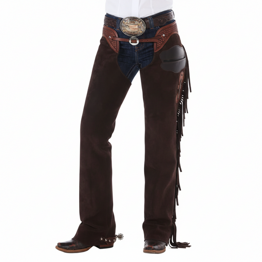 Women's mahogany suede western chaps with a hand-tooled walnut leather yoke, side pocket, and long fringe.