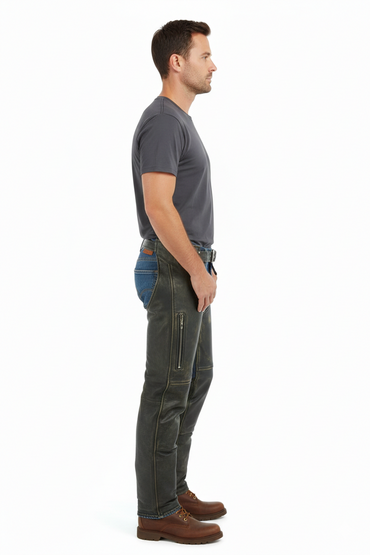 Men's obsidian black leather performance riding chaps with articulated knee panels and a buckled waist.
