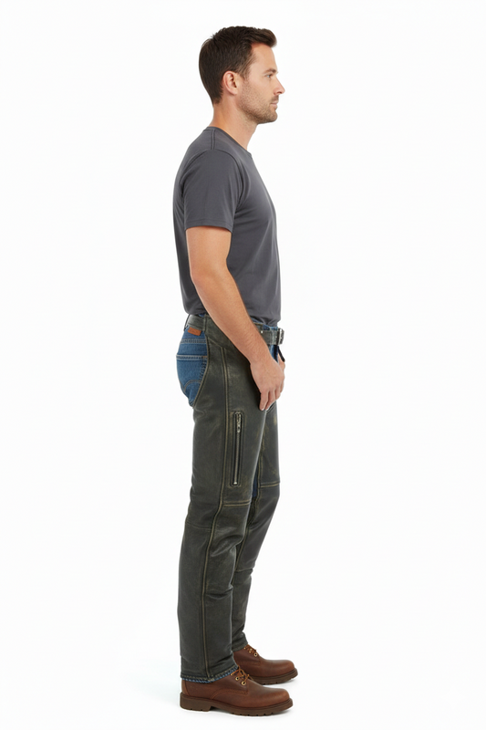 Men's obsidian black leather performance riding chaps with articulated knee panels and a buckled waist.
