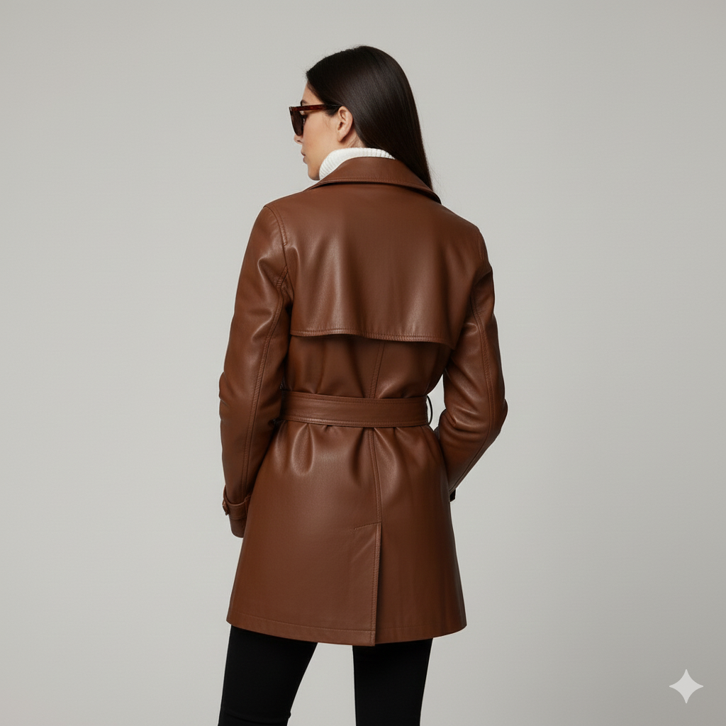 Detail view of the black buckle and tonal stitching on a cognac-colored women's moto-style trench coat.