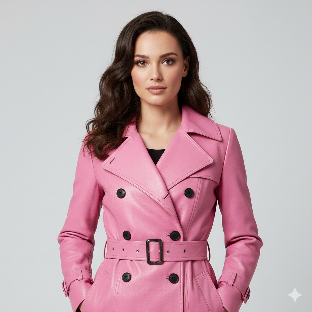 Longline pink leather winter jacket for women featuring a double-breasted front, notched lapels, and buckled cuffs.