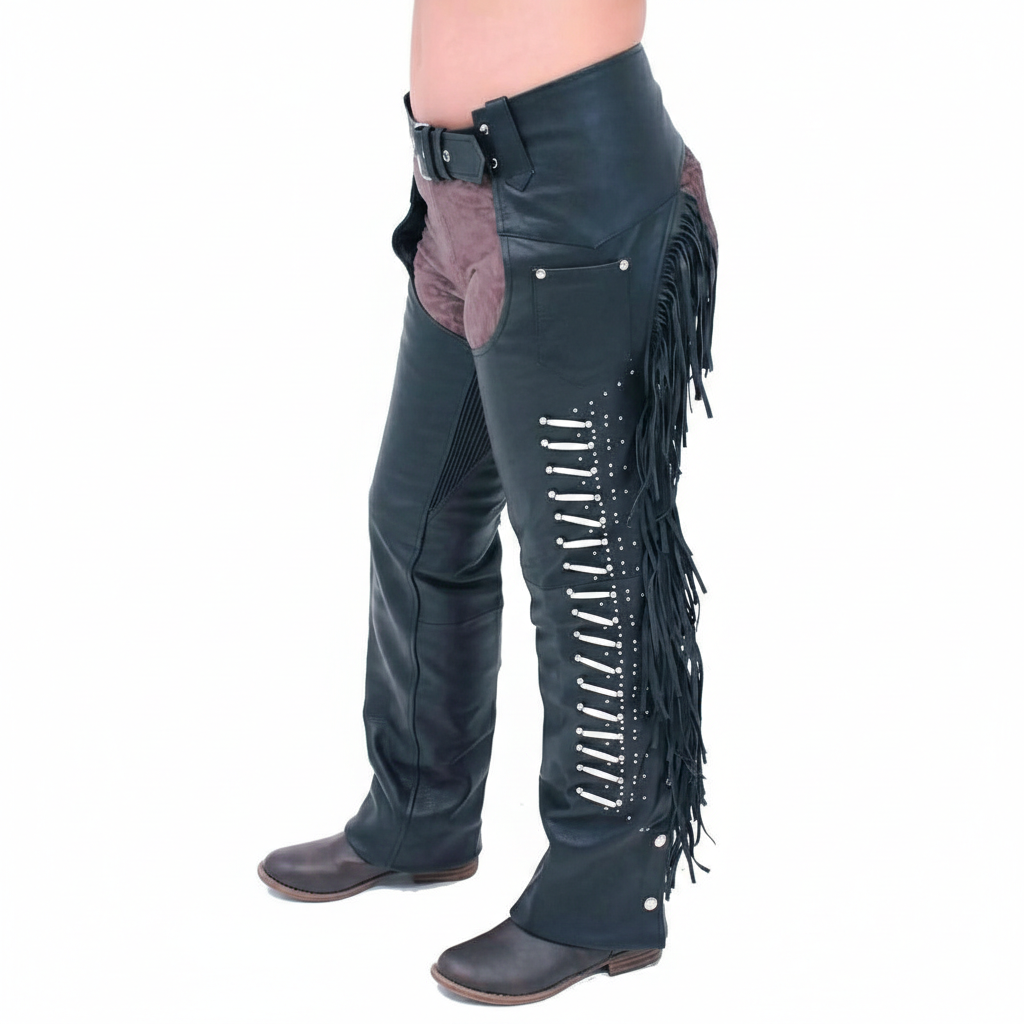 Detail view of silver conchos and bone toggles on dual-tone black and brown leather biker chaps.