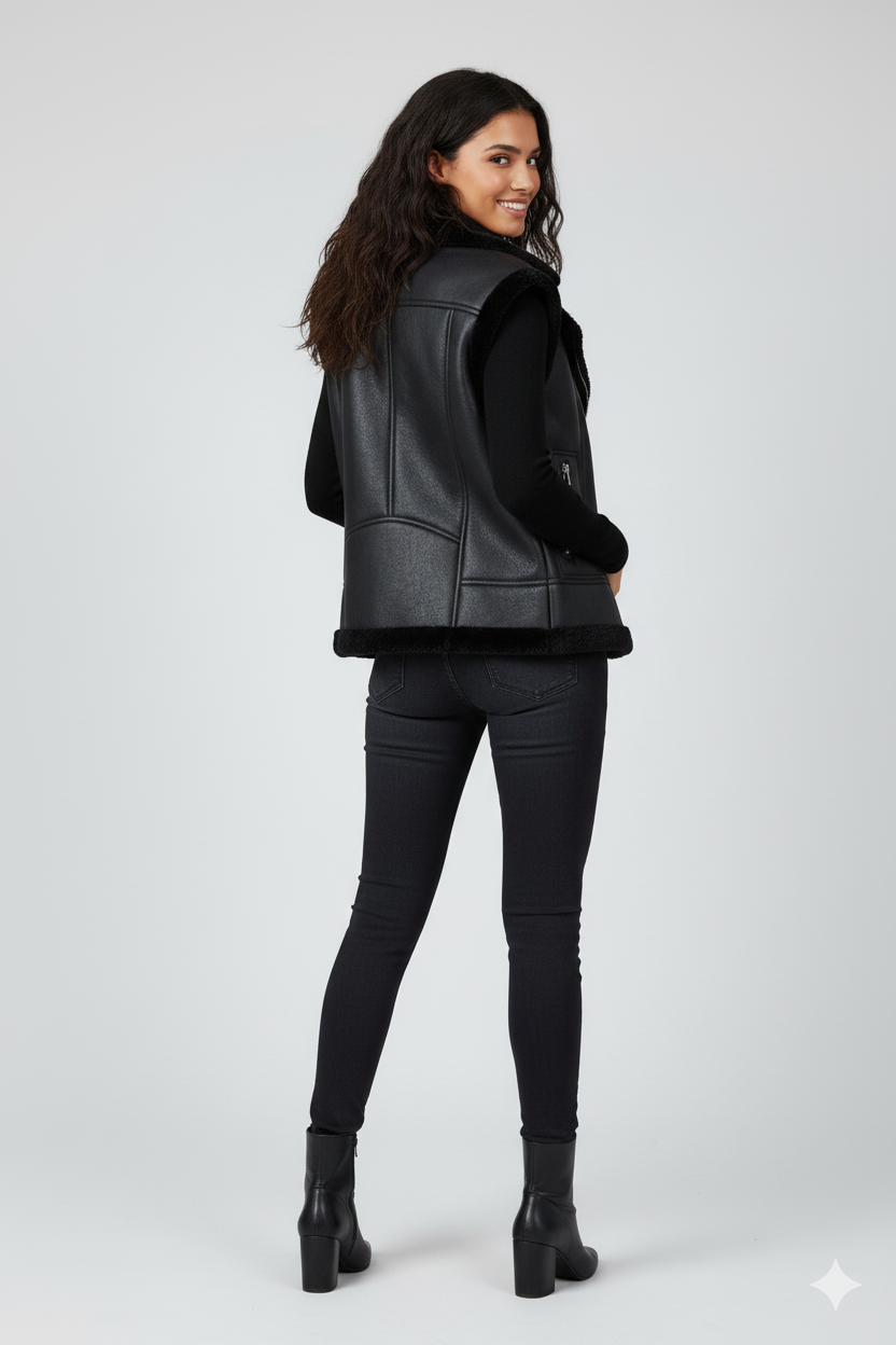 Women's black leather  shearling lined biker vest with a wide lapel collar and asymmetrical zip closure.