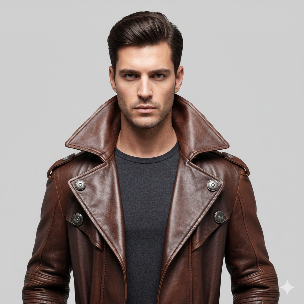Longline distressed brown leather overcoat for men featuring military shoulder epaulettes and buckled cuffs.