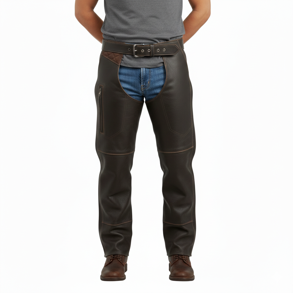 Men's onyx black smooth leather performance riding chaps with articulated knees and adjustable buckled waist.