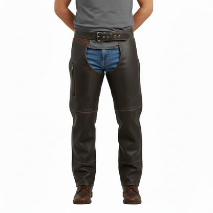 Men's onyx black smooth leather performance riding chaps with articulated knees and adjustable buckled waist.