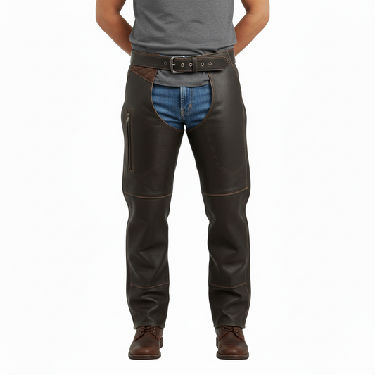 Men's onyx black smooth leather performance riding chaps with articulated knees and adjustable buckled waist.