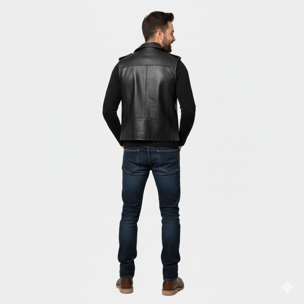 Sleeveless black leather vest designed in the style of a classic motorcycle jacket with silver hardware.