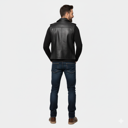 Sleeveless black leather vest designed in the style of a classic motorcycle jacket with silver hardware.
