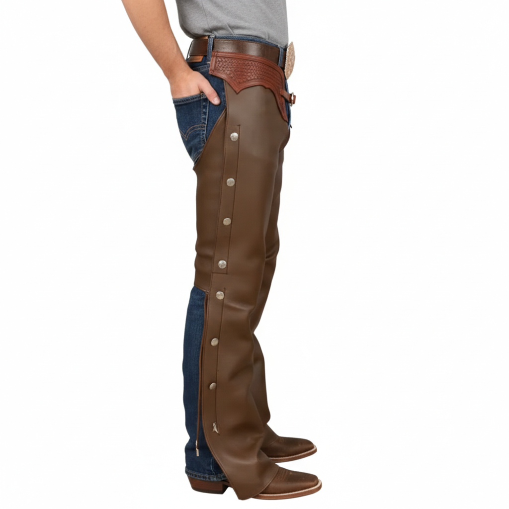 Close-up of the embossed basketweave leather yoke and gold-toned buckles on brown western biker chaps.