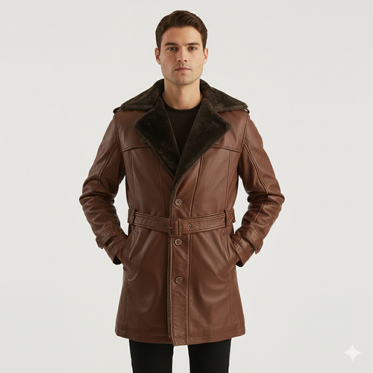 Double-breasted brown leather winter overcoat for men featuring plush fur-lined lapels and buckled wrist straps.