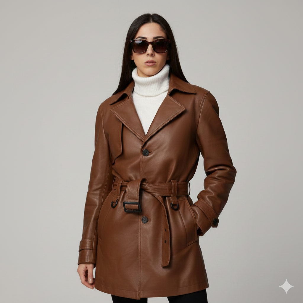 Women's cognac brown leather short trench coat with a buckled waist belt and pointed collar.