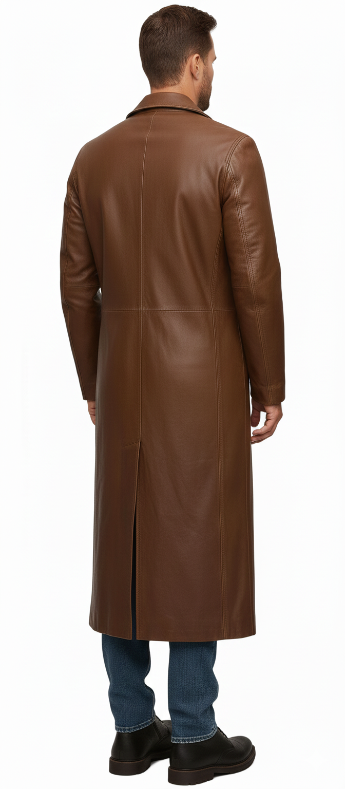 Close-up of the smooth cognac leather finish and tonal button details on a premium men's long overcoat.
