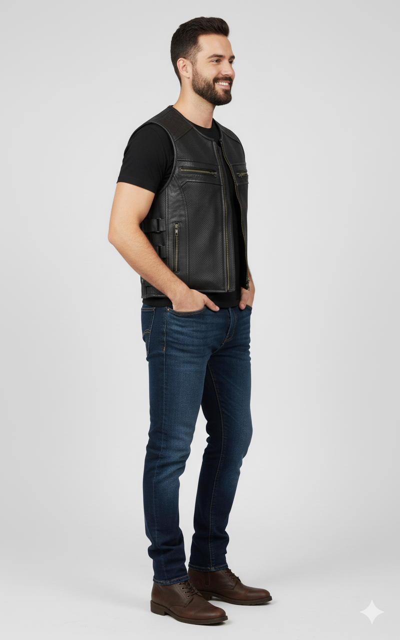 Sleek, collarless black leather vest with diamond quilting, four zippered pockets, and adjustable side vents.