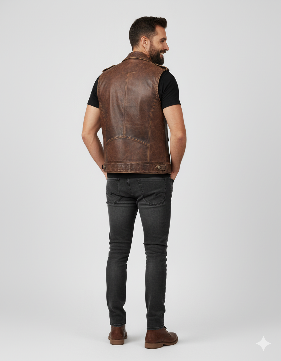 Modern leather vest featuring a bi-color design, zippered front, and two flap chest pockets.
