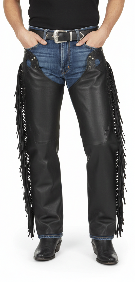 Men's obsidian black smooth leather western chaps with full-length side fringe and silver-toned hardware.