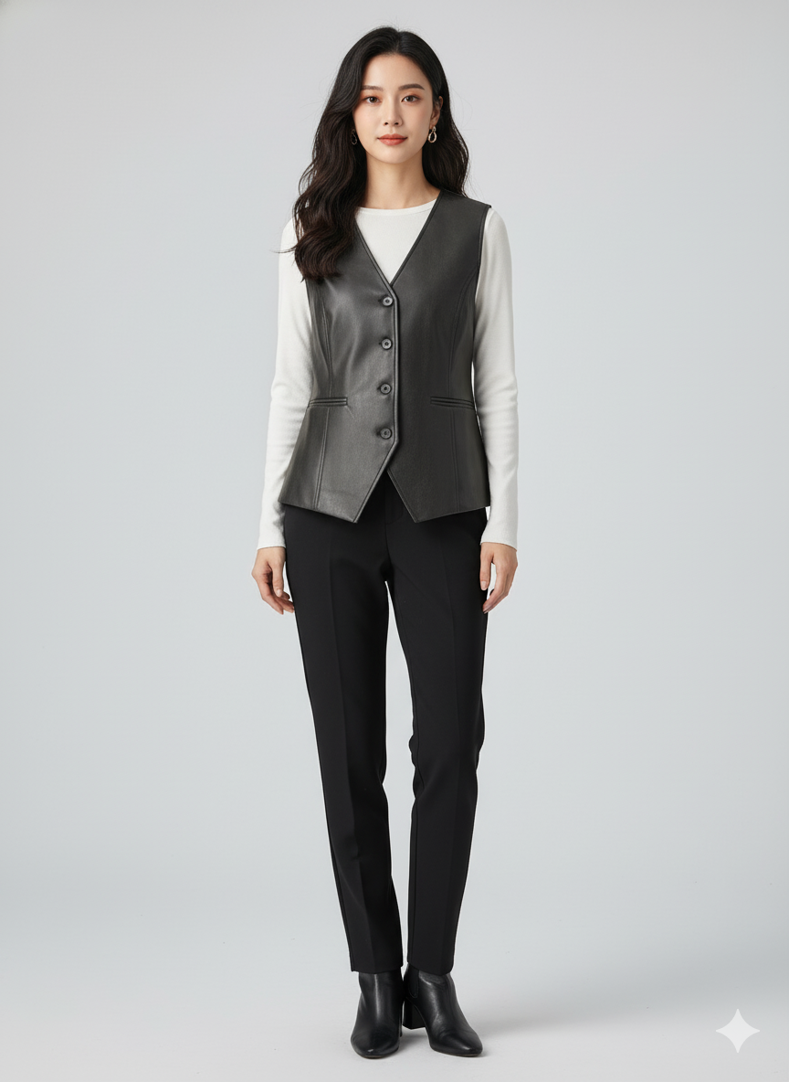 Full-length photo of a woman wearing a dark gray tailored leather vest over a white long-sleeve shirt and black trousers.