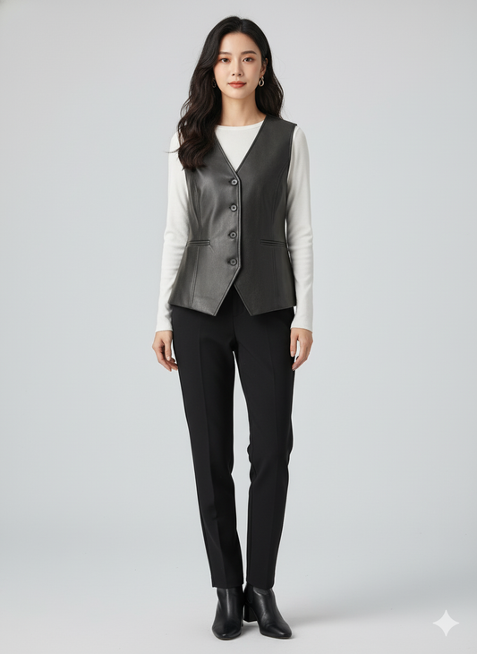Full-length photo of a woman wearing a dark gray tailored leather vest over a white long-sleeve shirt and black trousers.