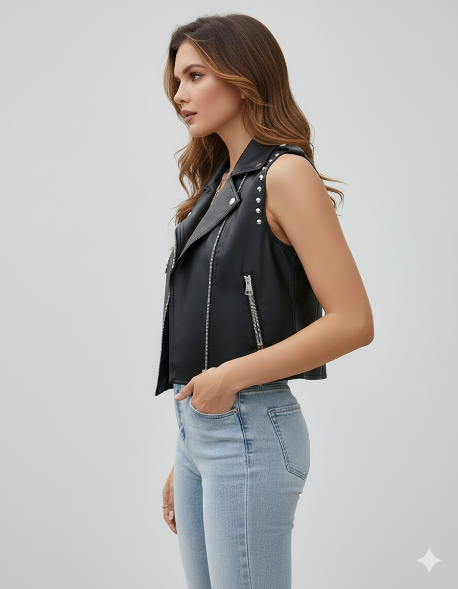 Close-up of a woman in a black studded leather moto vest over a white crop top and high-waisted blue jeans.