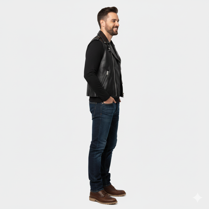 Men's black leather biker vest with asymmetrical front zipper and snapped, notched lapels.
