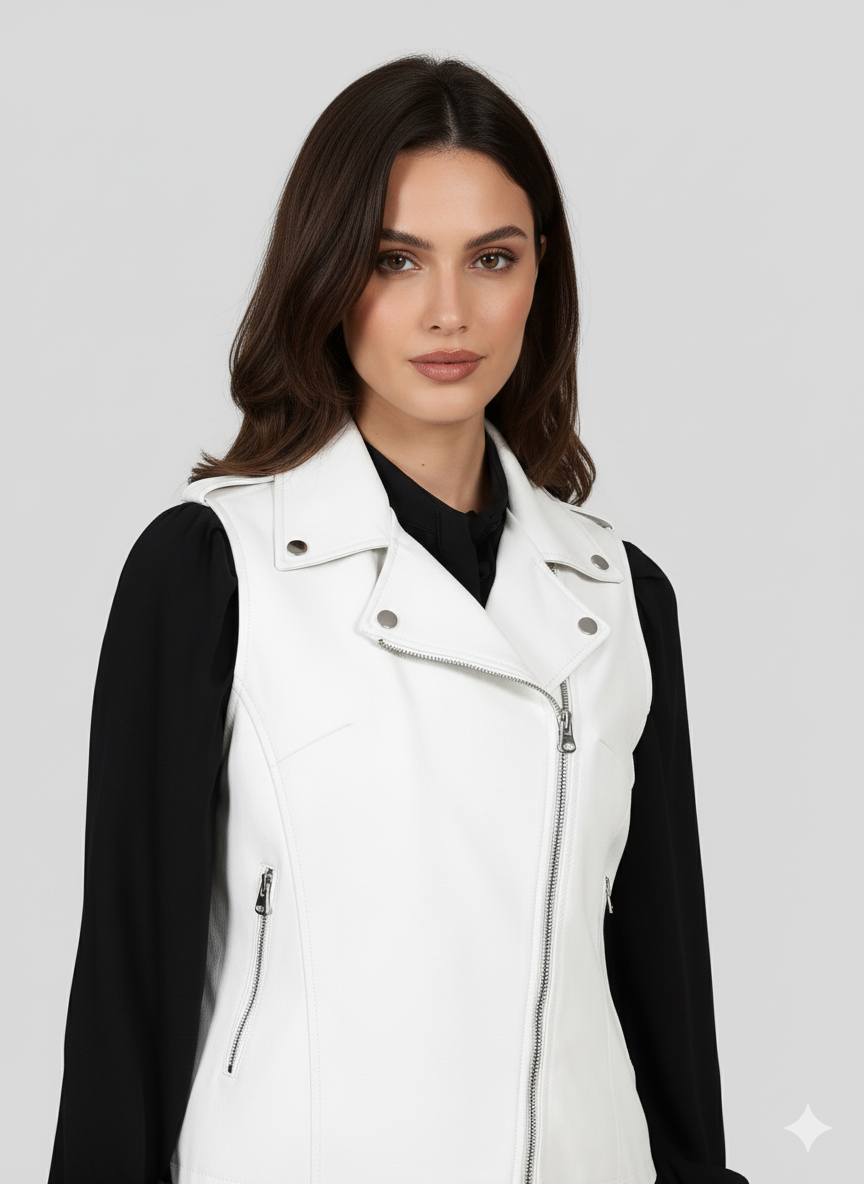 Close-up of the smooth white leather texture and the asymmetrical silver zipper on the women's vest.