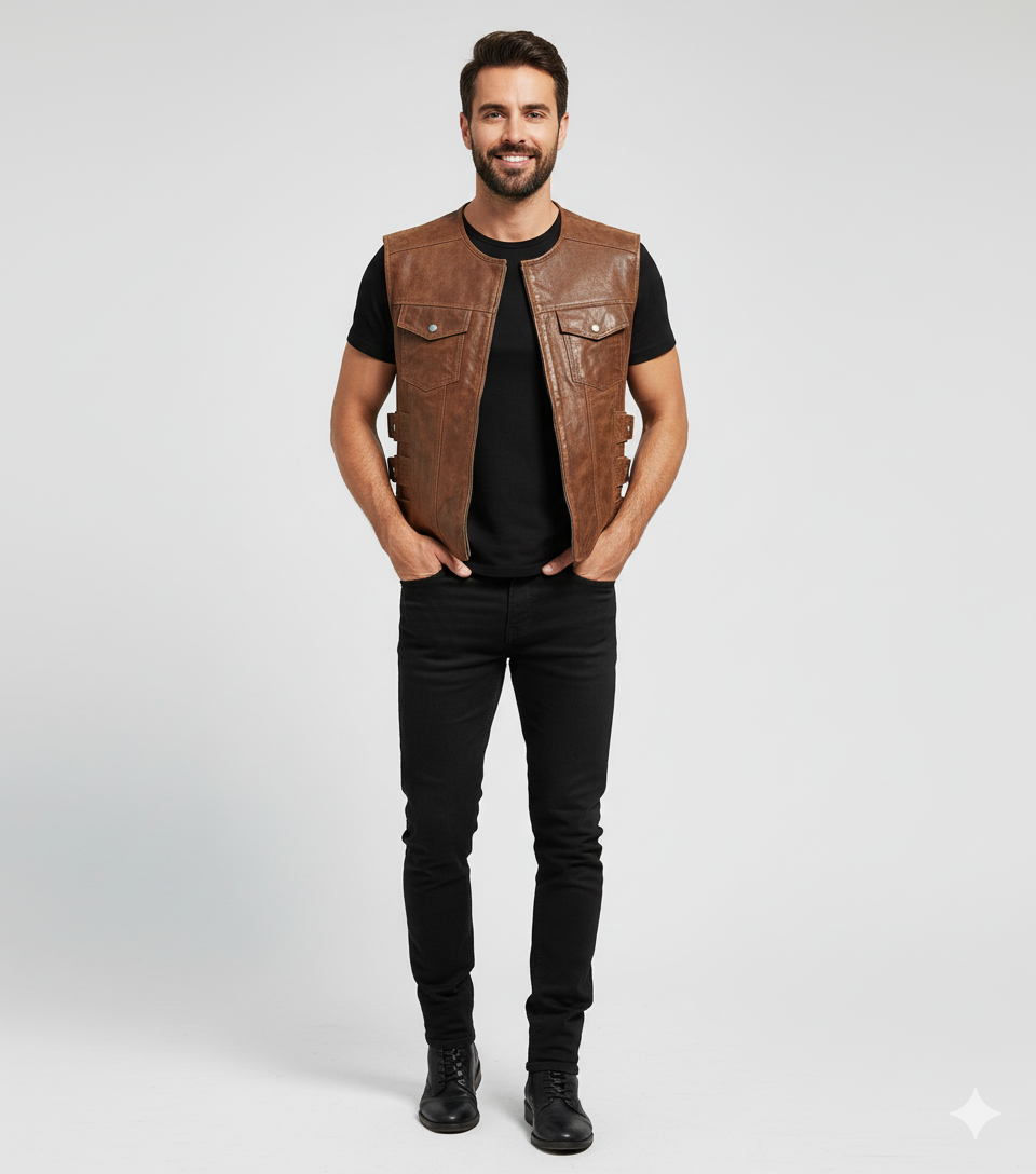 "Men's dark brown leather aviator vest with a shearling/fur collar, exposed fur trim, and front zipper.