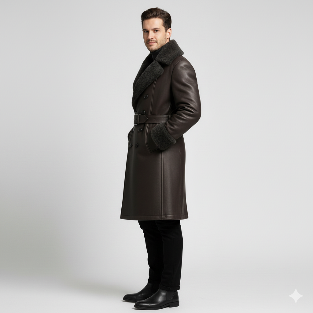 Double-breasted dark brown winter overcoat for men featuring oversized grey fur lapels and shearling cuffs.