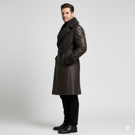 Double-breasted dark brown winter overcoat for men featuring oversized grey fur lapels and shearling cuffs.