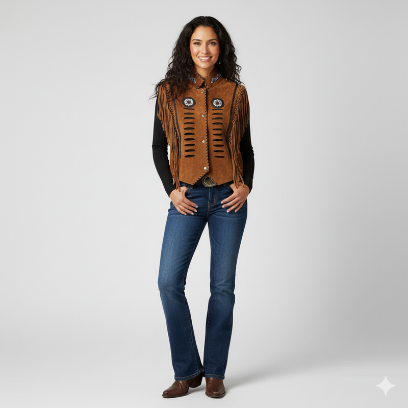 Women's brown suede vest with long fringe on the arms and blue and white embroidered circular patches.