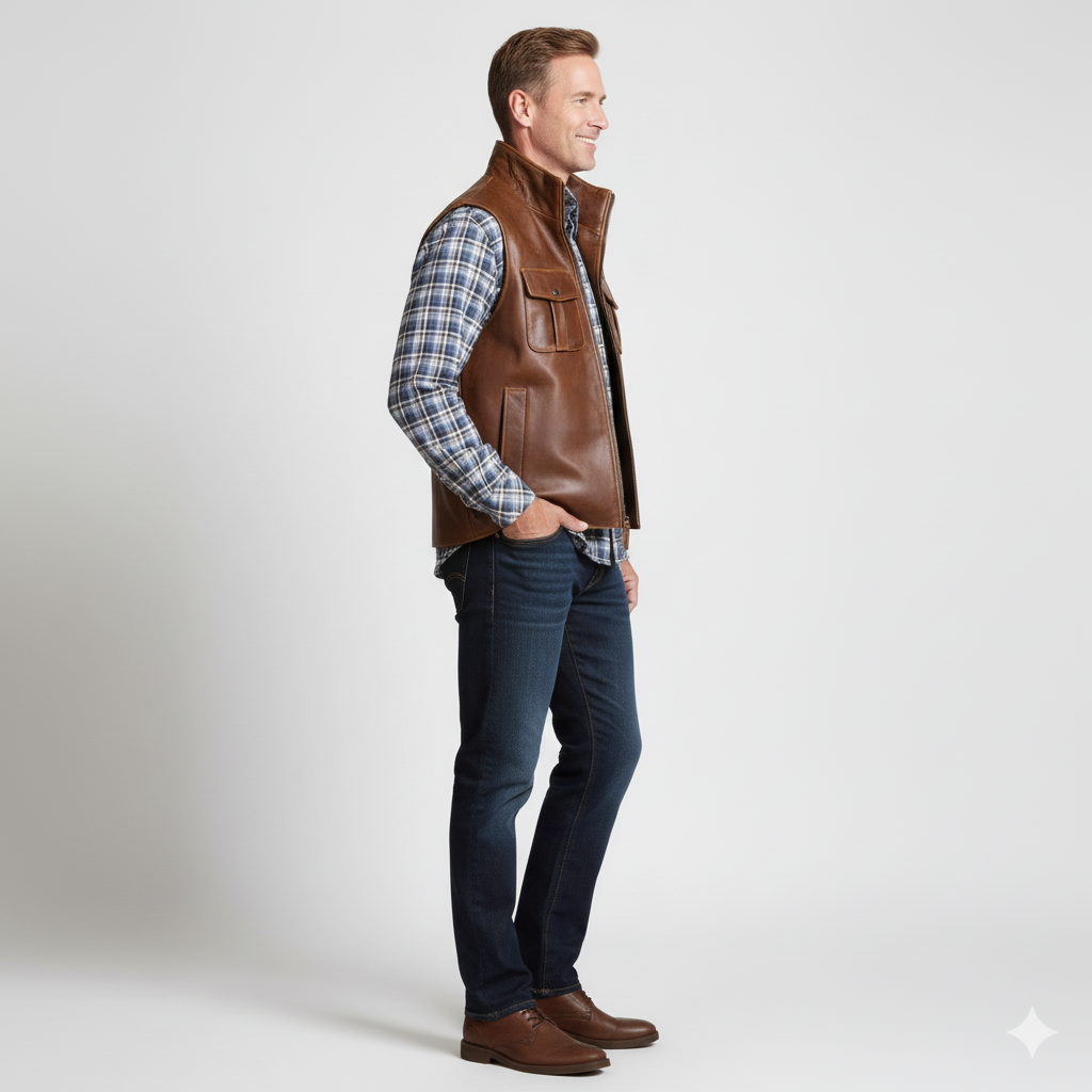 Men's medium brown leather racer vest with a snap-tab stand collar and a zippered chest pocket.