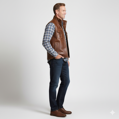 Men's medium brown leather racer vest with a snap-tab stand collar and a zippered chest pocket.