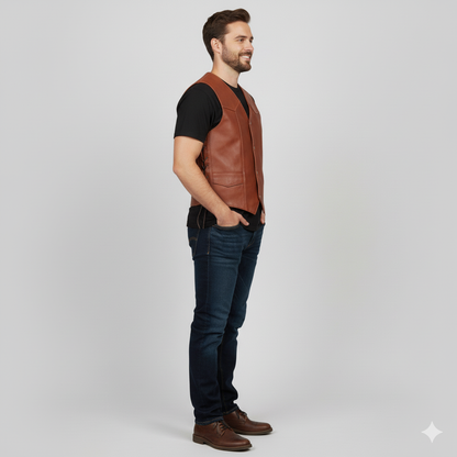 Sleeveless B-3 bomber vest featuring a brown leather exterior and prominent cream faux fur trim.