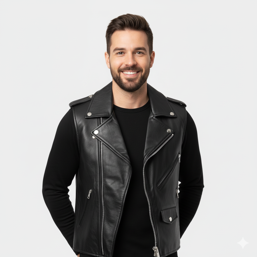 Close-up of the silver zippers, snaps, and lapel detail on the men's black leather biker vest.