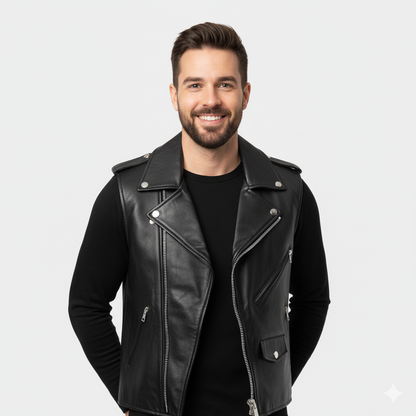 Close-up of the silver zippers, snaps, and lapel detail on the men's black leather biker vest.