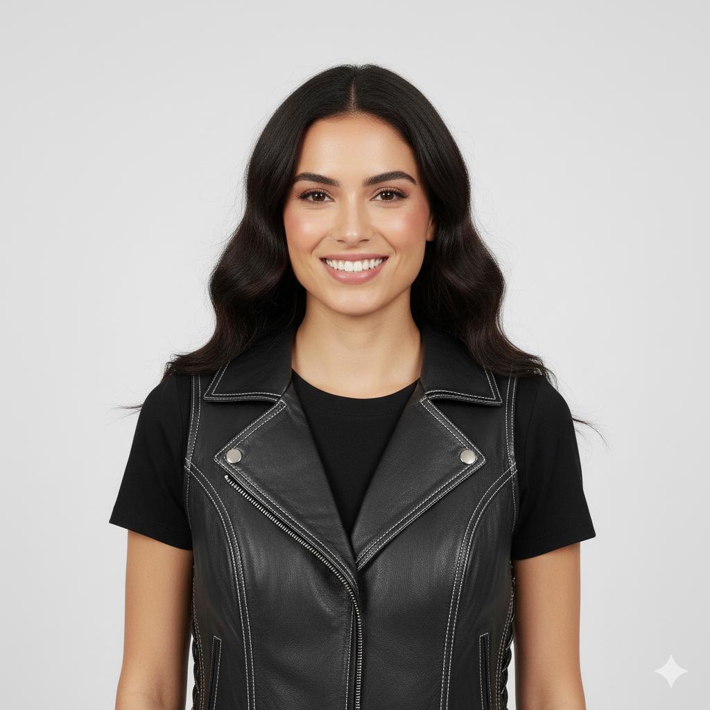 Woman wearing a fitted black leather-look vest with side lacing over a black t-shirt and blue denim jeans.