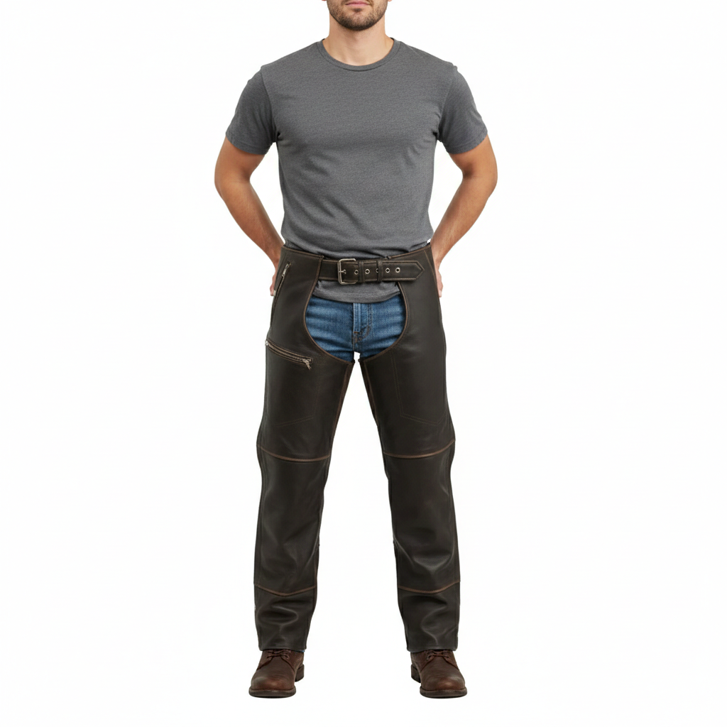 Male model wearing black leather protective chaps over blue jeans for a modern technical motorcycle look.