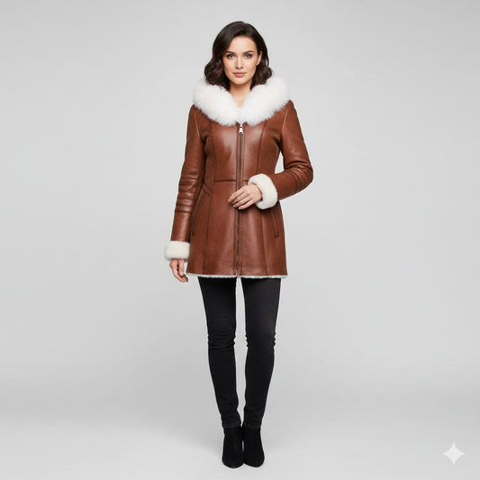 Women's cognac brown shearling-lined winter jacket with a white fur-trimmed hood.