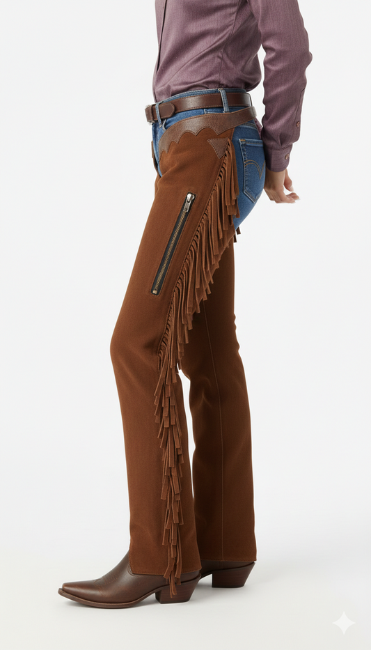Close-up of the cedar suede texture, integrated thigh zipper, and decorative mahogany leather waistband on riding chaps.