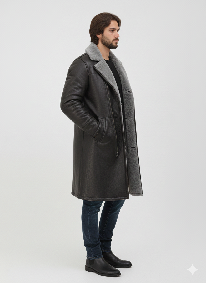 Male model wearing a luxury black leather shearling coat